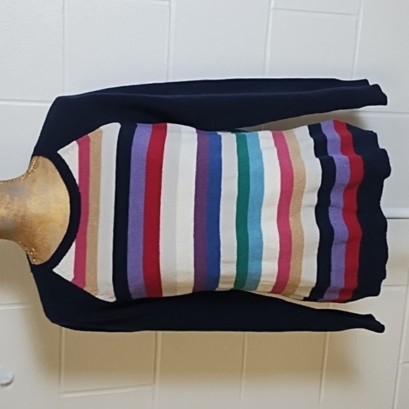 Cotton Blend Navy Raglan Sleeve Multi Stripe Crew Neck Mid-Weight Sweater - Picture 1 of 10